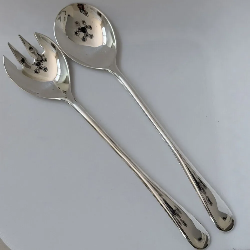 Italy Silverplate Flatware 2pc Solid Salad Set 9” Glossy Plain Round End Down